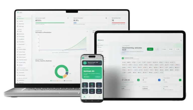 Business analytics dashboard displayed across laptop, tablet, and smartphone with finance and performance metrics