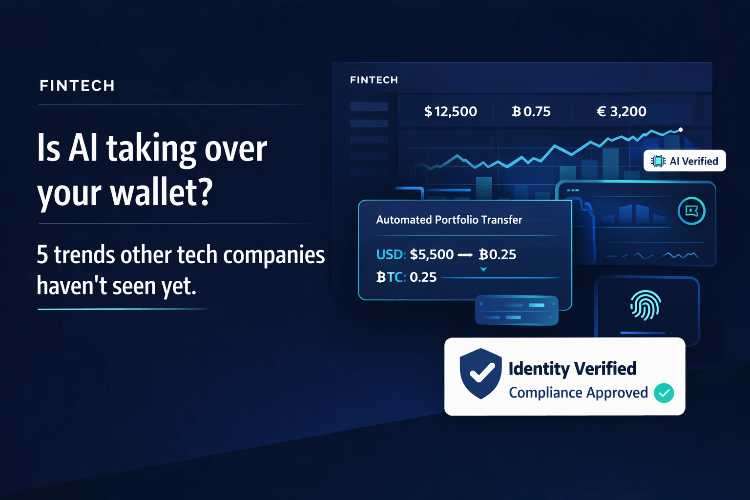 AI-powered fintech wallet showing automated portfolio transfer, digital payments, and compliance verification dashboard