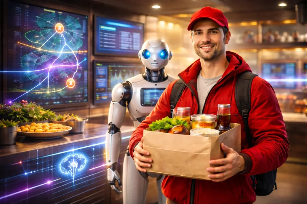 AI-powered food delivery system with robot assistance and smart routing technology