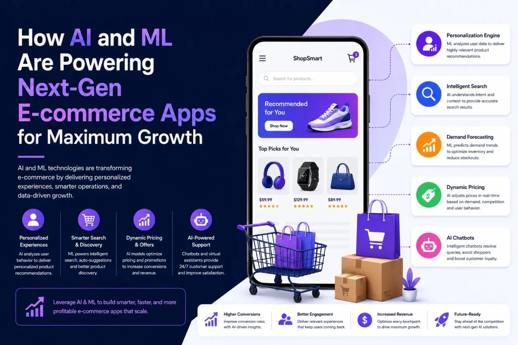 AI and machine learning powered ecommerce app infographic showing personalization, intelligent search, dynamic pricing, demand forecasting, and AI chatbot features