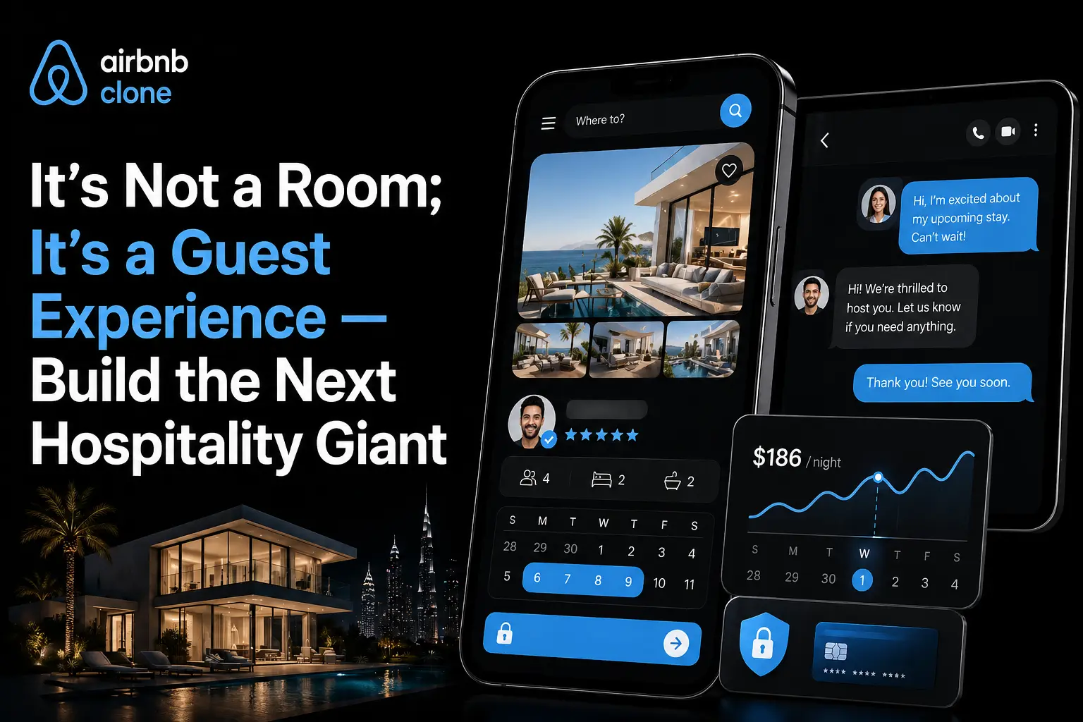 Airbnb clone app interface showing property listings, booking system, and rental marketplace dashboard