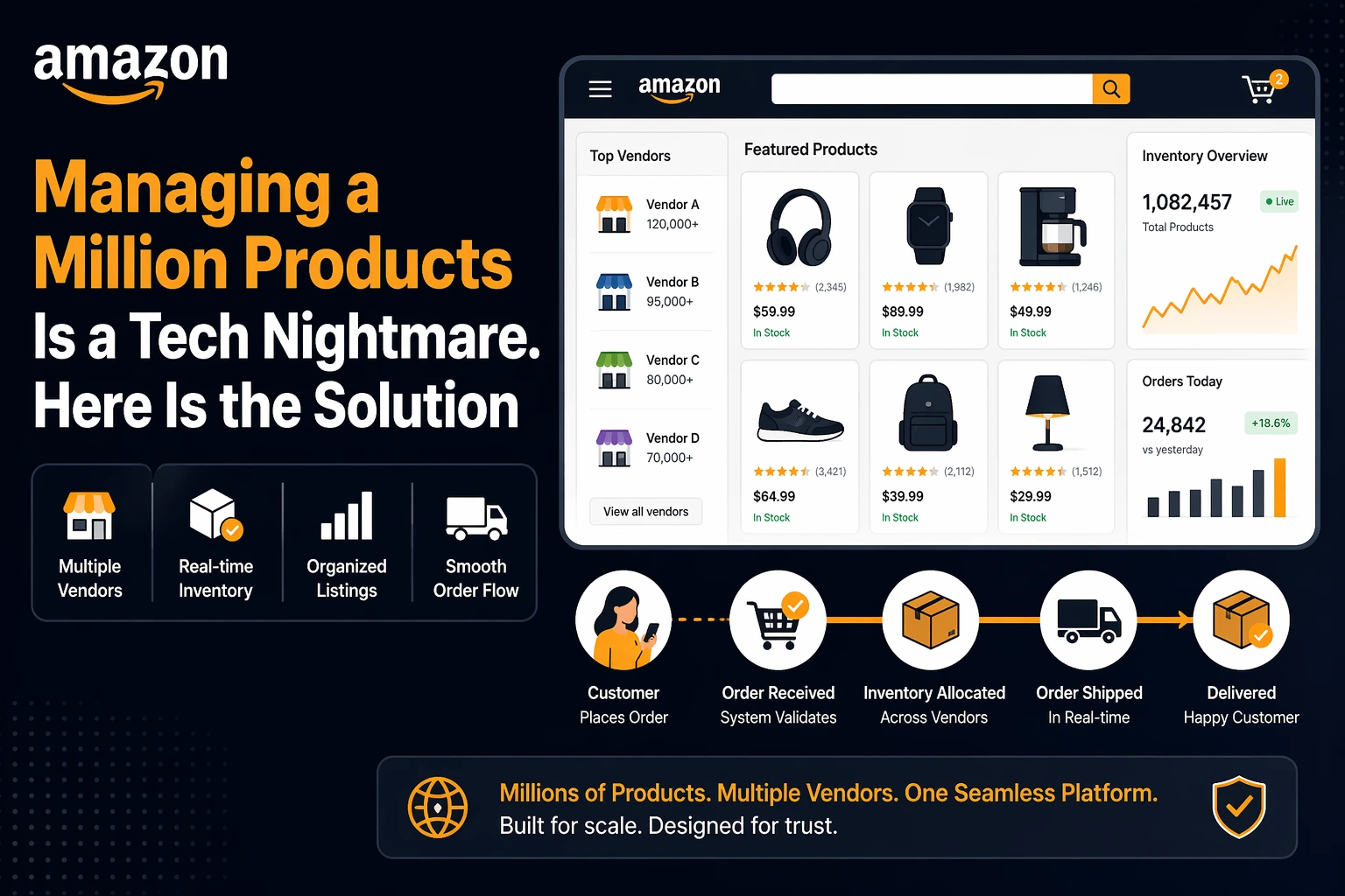Amazon clone multi-vendor ecommerce platform with real-time inventory management, product listings, order tracking, and vendor dashboard