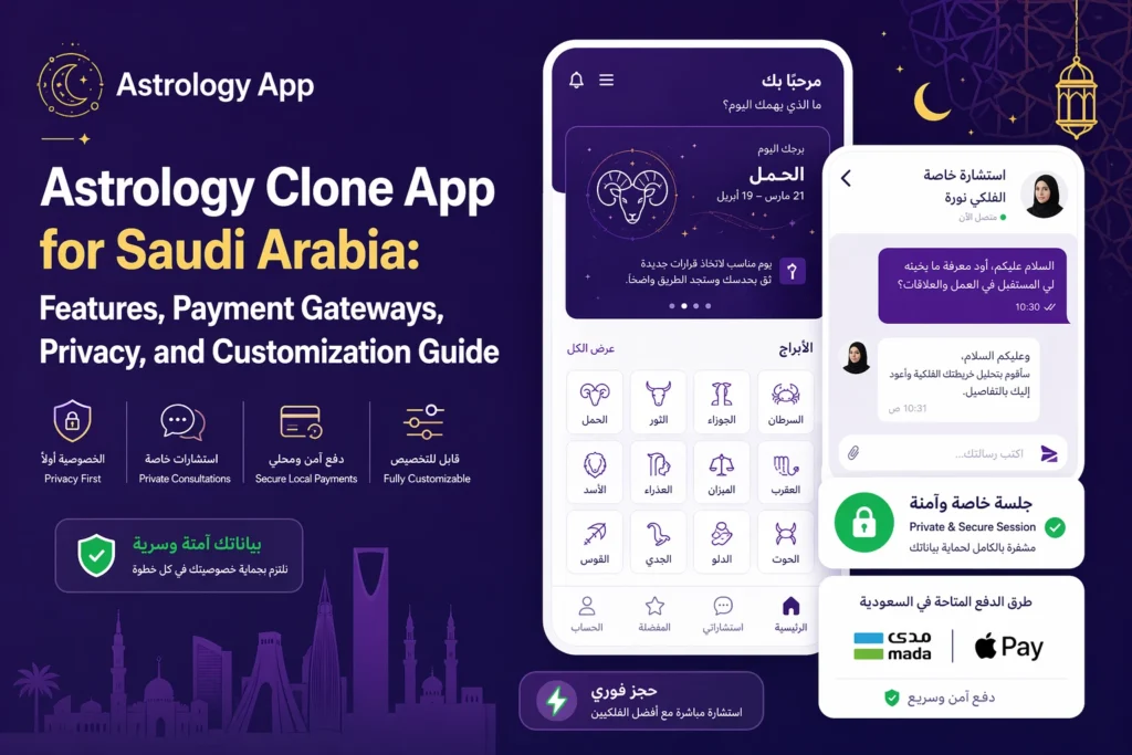 Astrology clone app for Saudi Arabia with Arabic RTL interface, private consultations, Mada and Apple Pay integration, and secure encrypted sessions