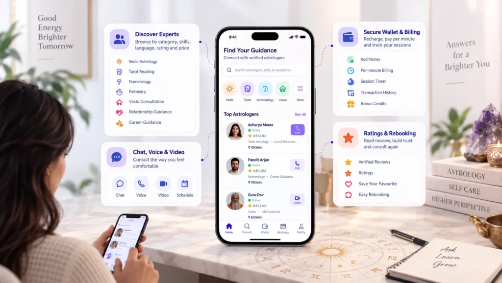 Astrology consultation app featuring expert discovery, chat, voice and video consultations, wallet billing, ratings, and session rebooking.