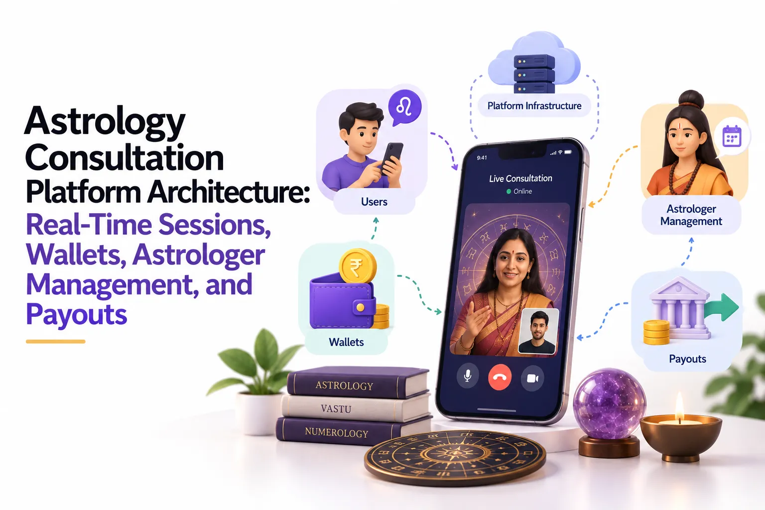 Astrology platform architecture connecting users, live consultations, wallets, astrologer management, and payouts