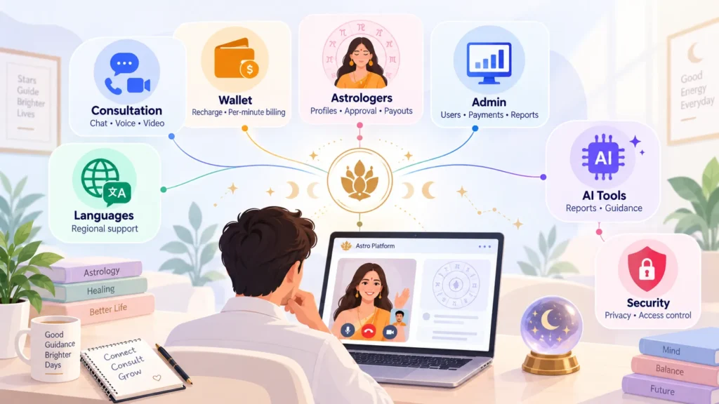 Astrology consultation platform architecture connecting consultations, wallets, astrologer management, admin tools, AI guidance, languages, and security.