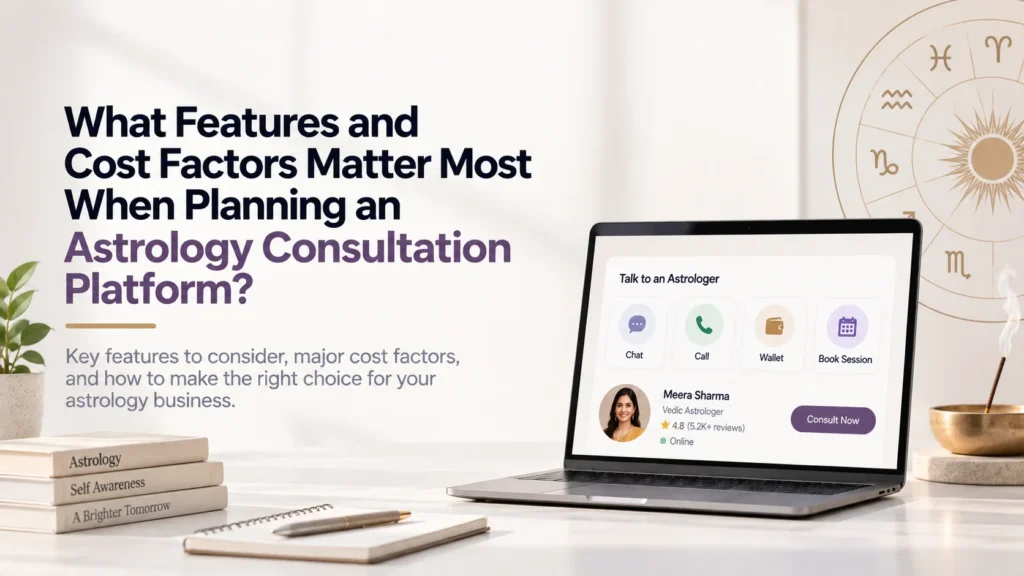 Astrology consultation platform features and cost factors, including chat, calls, wallet payments, astrologer profiles, and session booking.