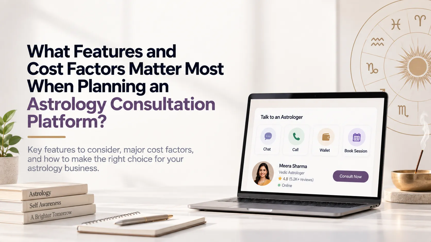 Astrology consultation platform features and cost factors, including chat, calls, wallet payments, astrologer profiles, and session booking.