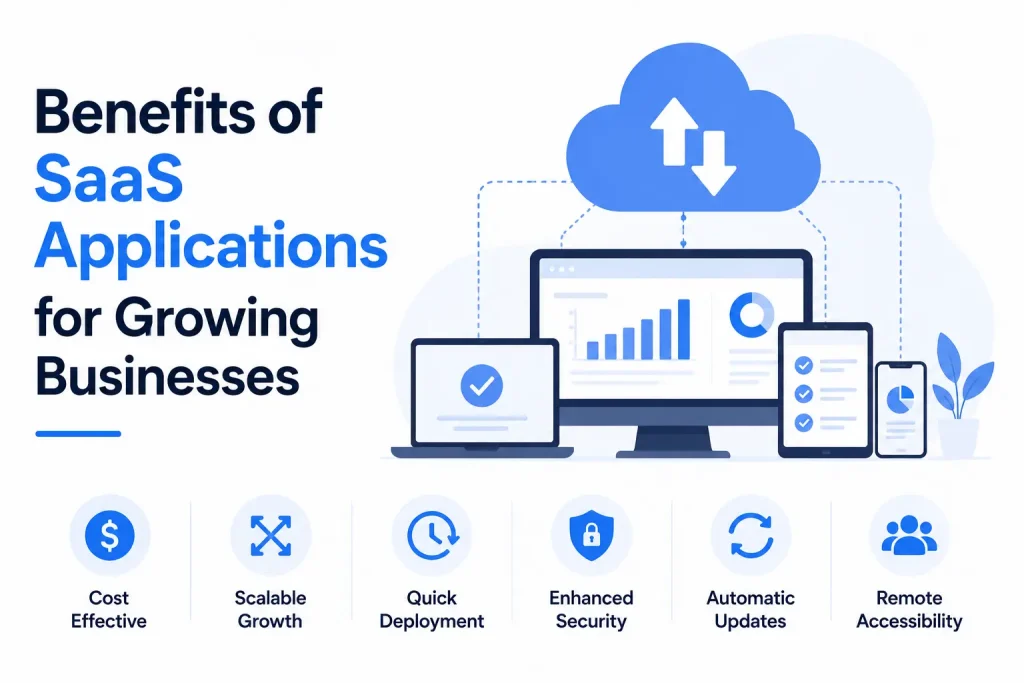 SaaS applications infographic showing cloud software benefits including scalability, security, remote accessibility, automatic updates, and cost efficiency.
