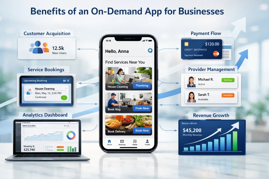 Infographic showing benefits of an on-demand app for businesses, including customer acquisition, service bookings, analytics dashboard, payment flow, provider management, and revenue growth.