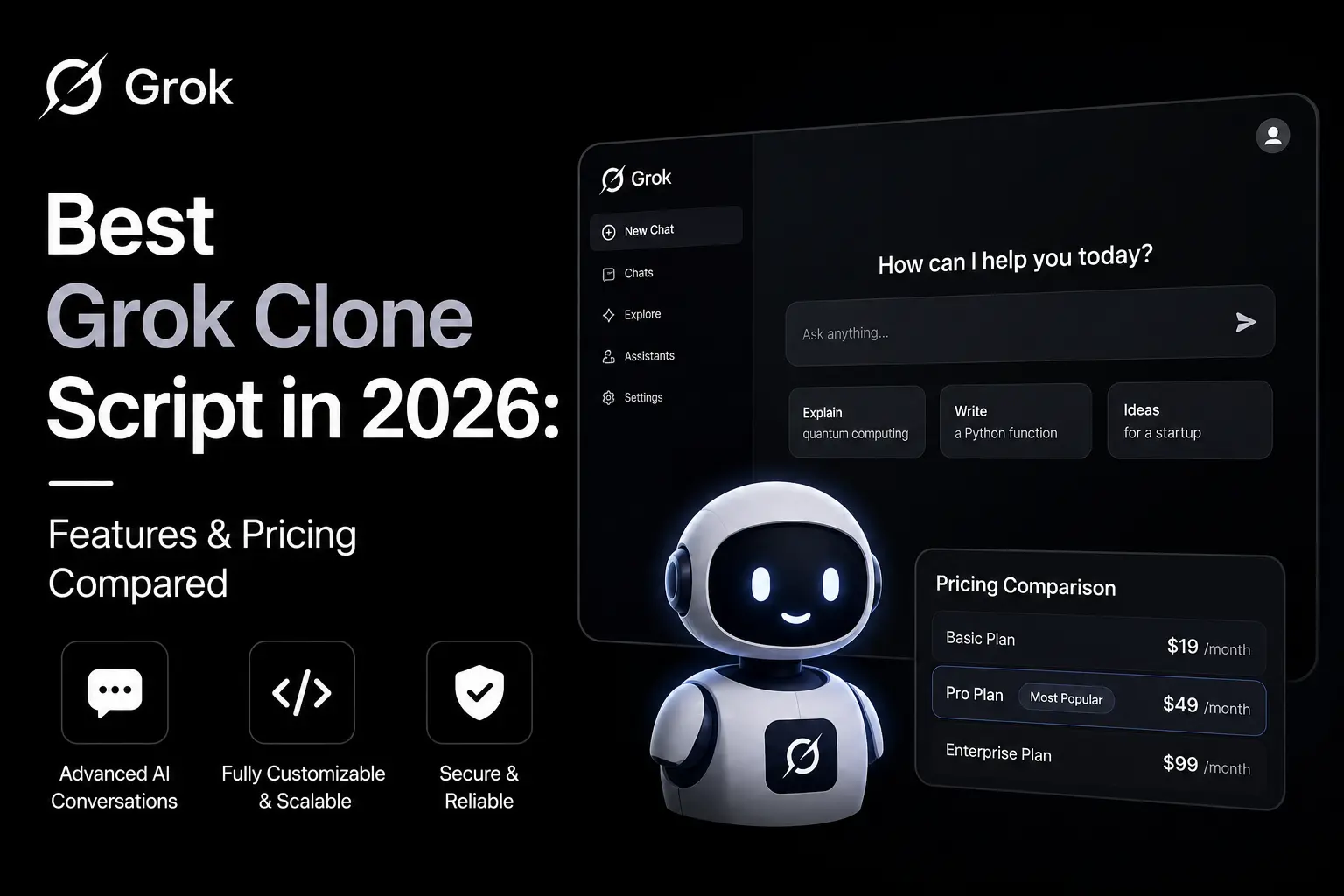 Dark-themed infographic showcasing the best Grok clone script in 2026 with AI chatbot interface, advanced AI conversations, pricing plans, and scalable AI assistant features.