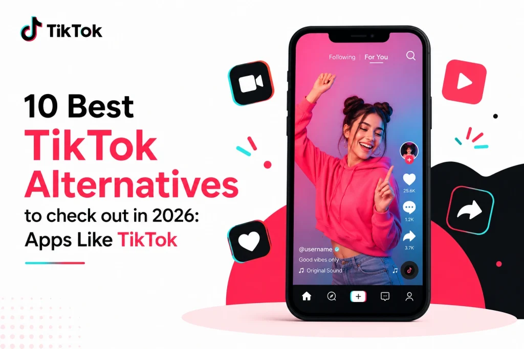 TikTok alternatives illustration showing a short-video mobile app with creator content, social engagement icons, and social media interface elements representing apps like TikTok in 2026.