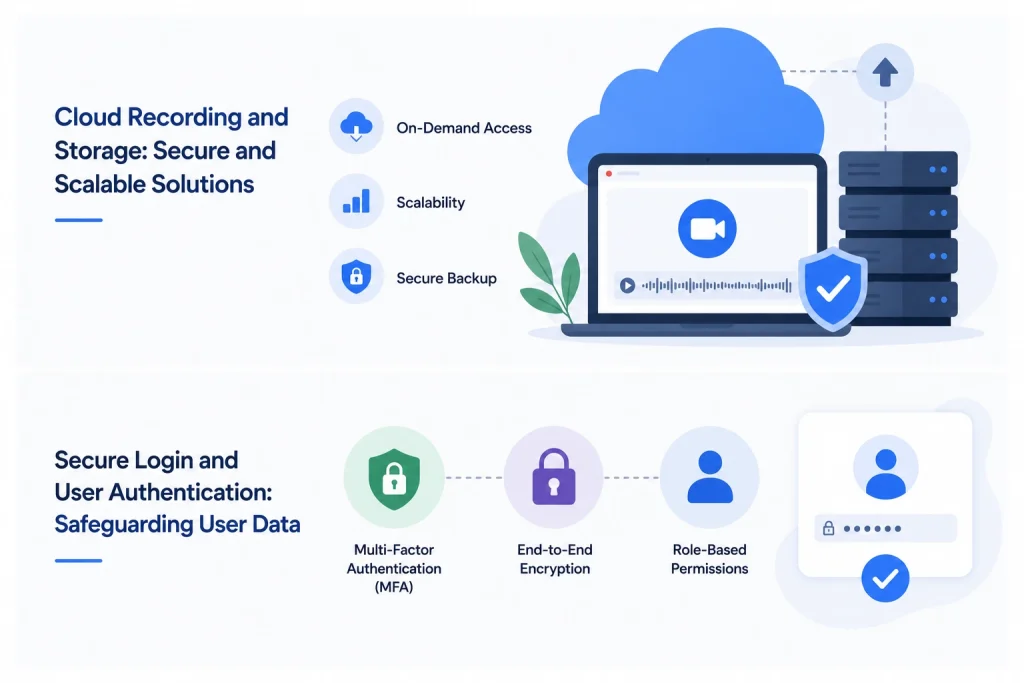 Infographic showing cloud recording, secure storage, secure login, MFA, end-to-end encryption, role-based permissions, and user authentication features.
