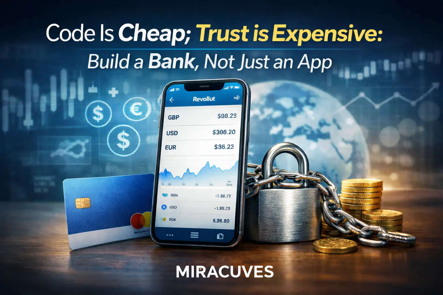 Revolut Clone featured image showing secure digital banking app, multi-currency wallet, card, lock, and the headline Code Is Cheap Trust Is Expensive
