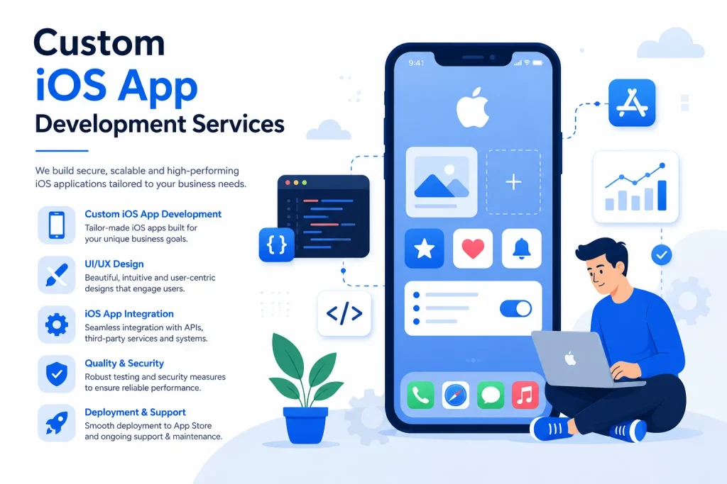 Ultimate Guide to Custom iOS App Development Services 1 Custom iOS app development services illustration with iPhone UI, app design, coding, and mobile app integration features