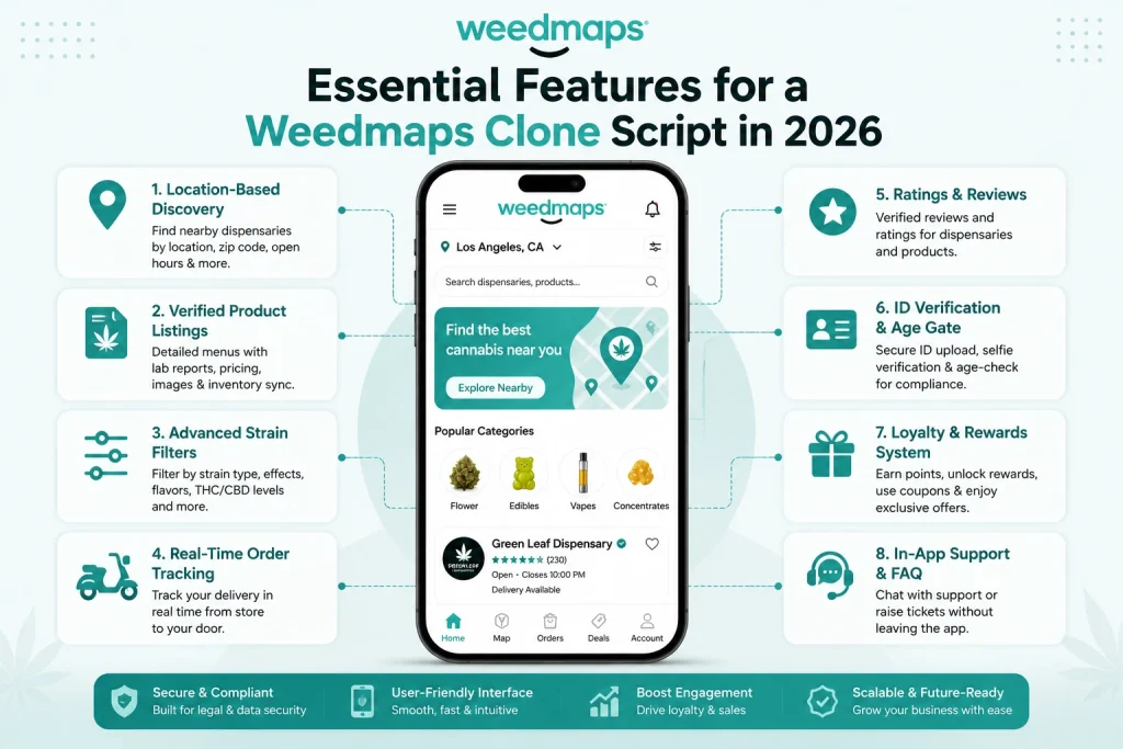 Weedmaps clone script features infographic showing dispensary discovery, product listings, order tracking, loyalty system, and cannabis marketplace app tools.
