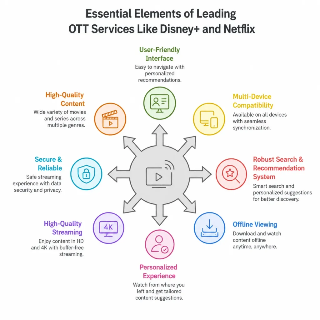 OTT platform features showing user-friendly interface, high-quality content, multi-device compatibility, personalization, streaming quality, and offline viewing