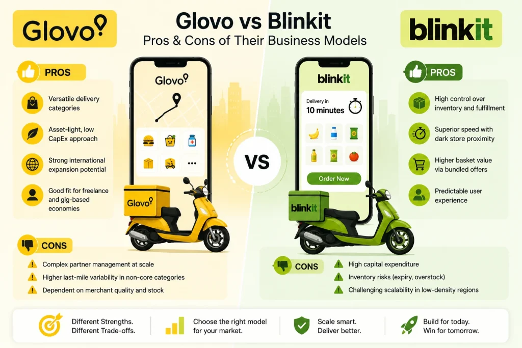 Glovo vs Blinkit: Business Model Comparison for Startup Success 1 Glovo vs Blinkit pros and cons comparison infographic showing delivery business models, operational strengths, scalability, and quick commerce trade-offs.
