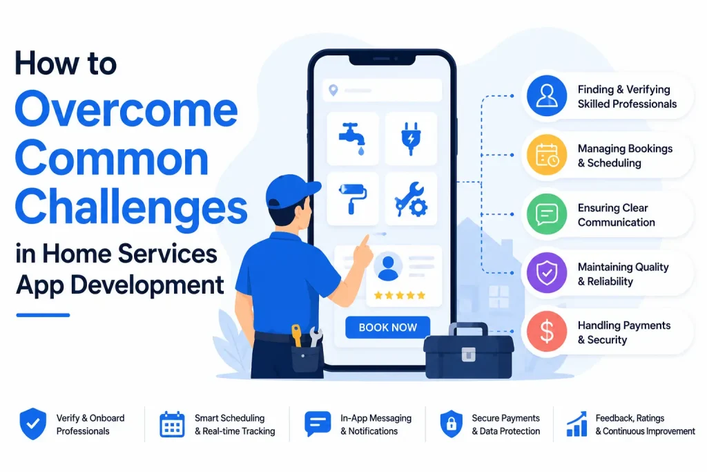 Home services app development infographic showing booking management, professional verification, communication, payment security, and service quality challenges.