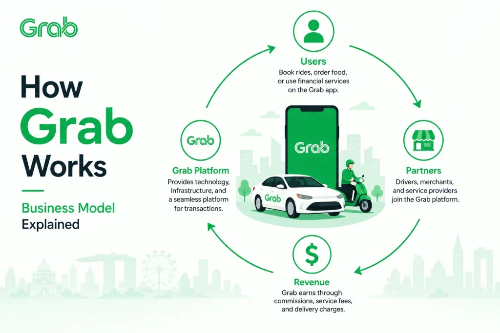 Infographic explaining how Grab works through users, partners, revenue generation, and platform services in its super app business model.
