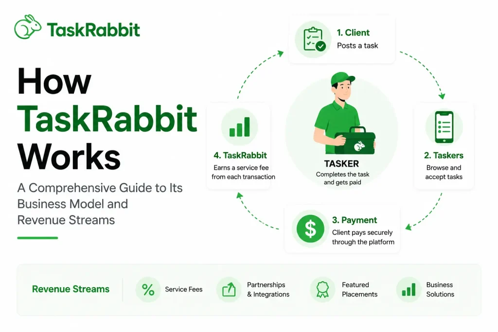 Infographic explaining how TaskRabbit works, including task posting, tasker matching, secure payments, and platform revenue streams.