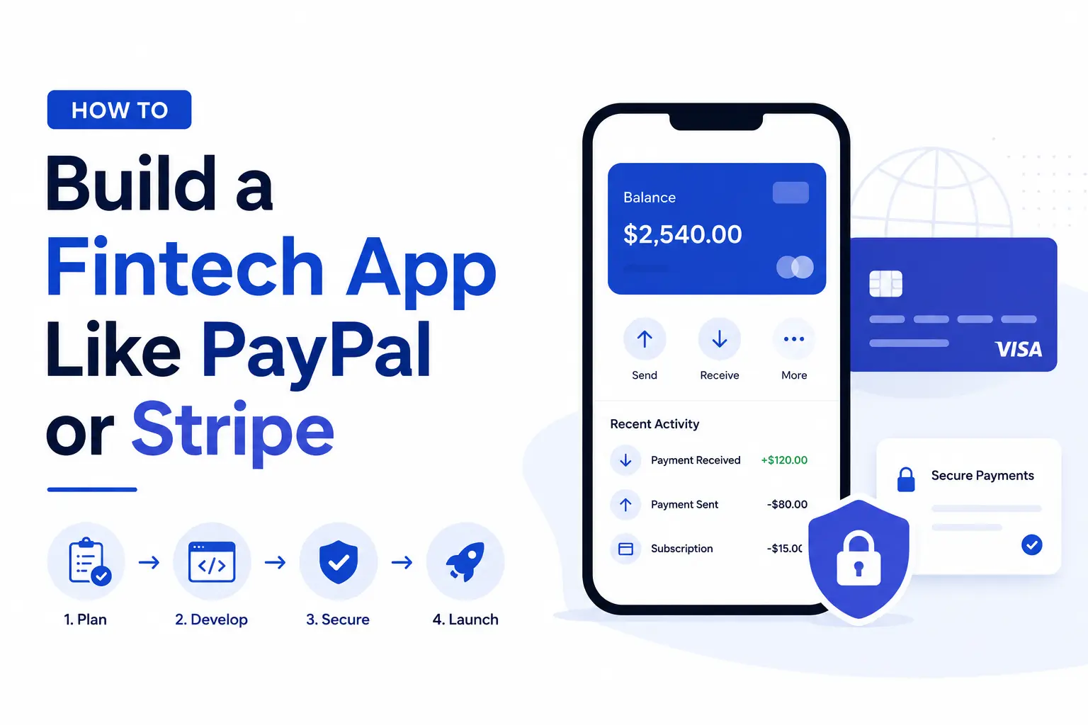 Illustration showing fintech app development similar to PayPal or Stripe with secure payments, wallet interface, transactions, and launch process.