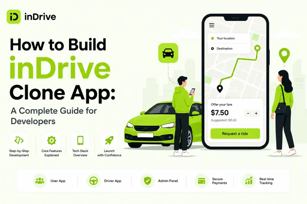 Illustration showing an inDrive clone app development guide with ride booking interface, fare negotiation, user and driver apps, and real-time tracking features.