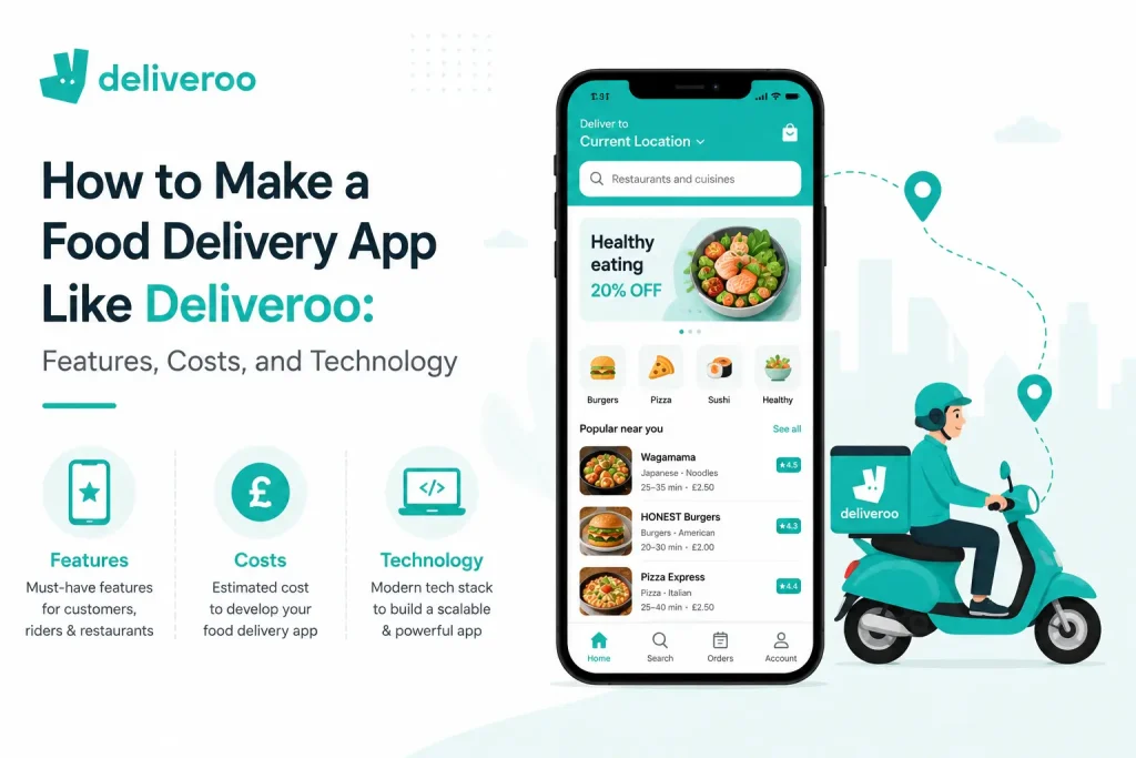 Illustration showing how to make a food delivery app like Deliveroo with delivery rider tracking, app features, costs, and technology stack.