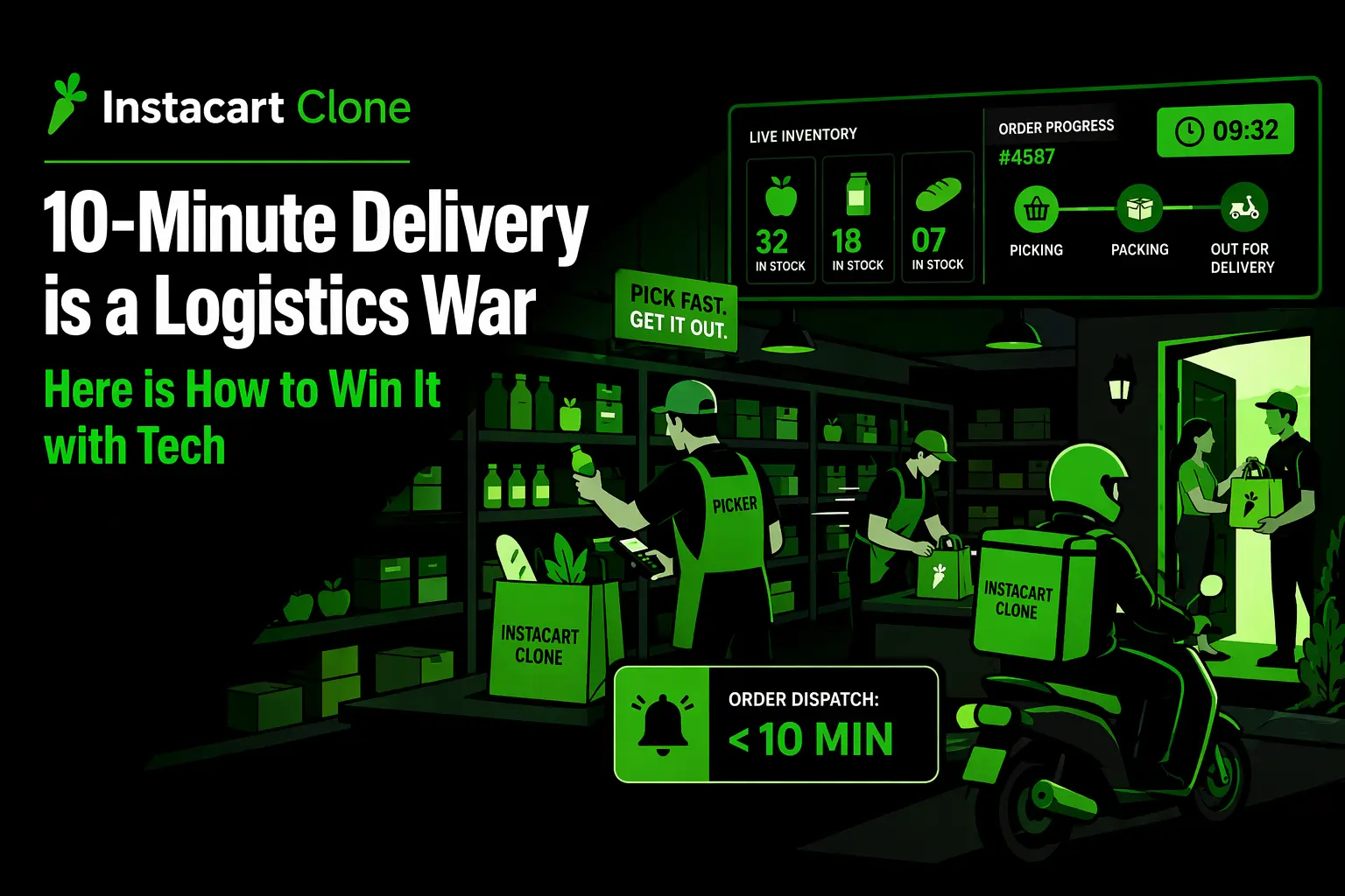 Instacart Clone interface showing 10-minute delivery logistics with dark store, inventory sync, picker workflow, and last-mile dispatch