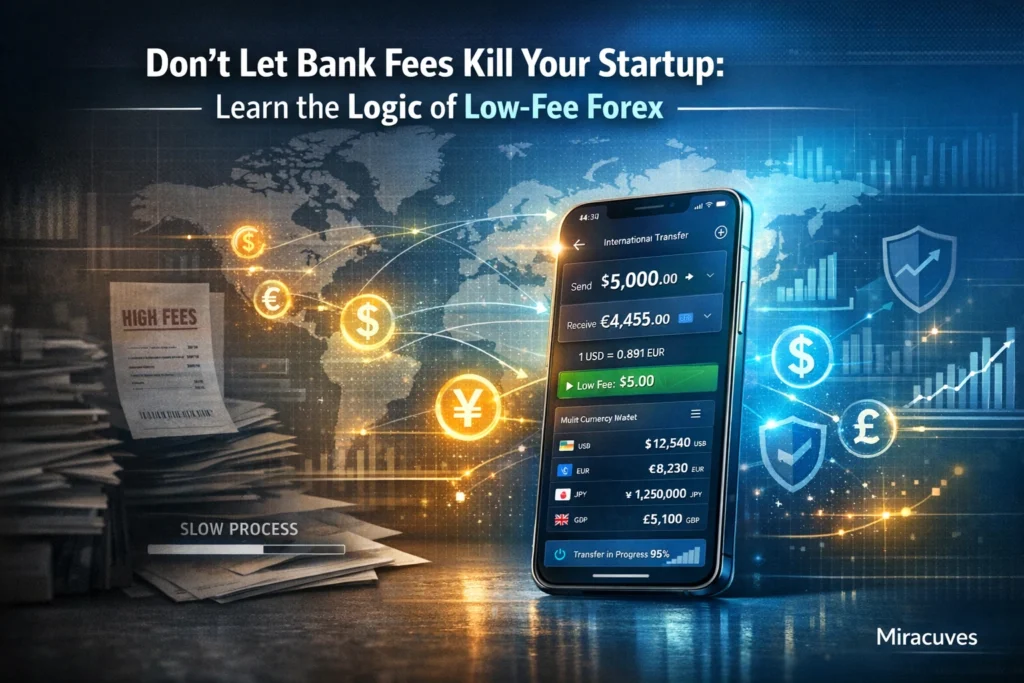 Global fintech mobile app showing international money transfer, currency conversion, and secure cross-border payment dashboard