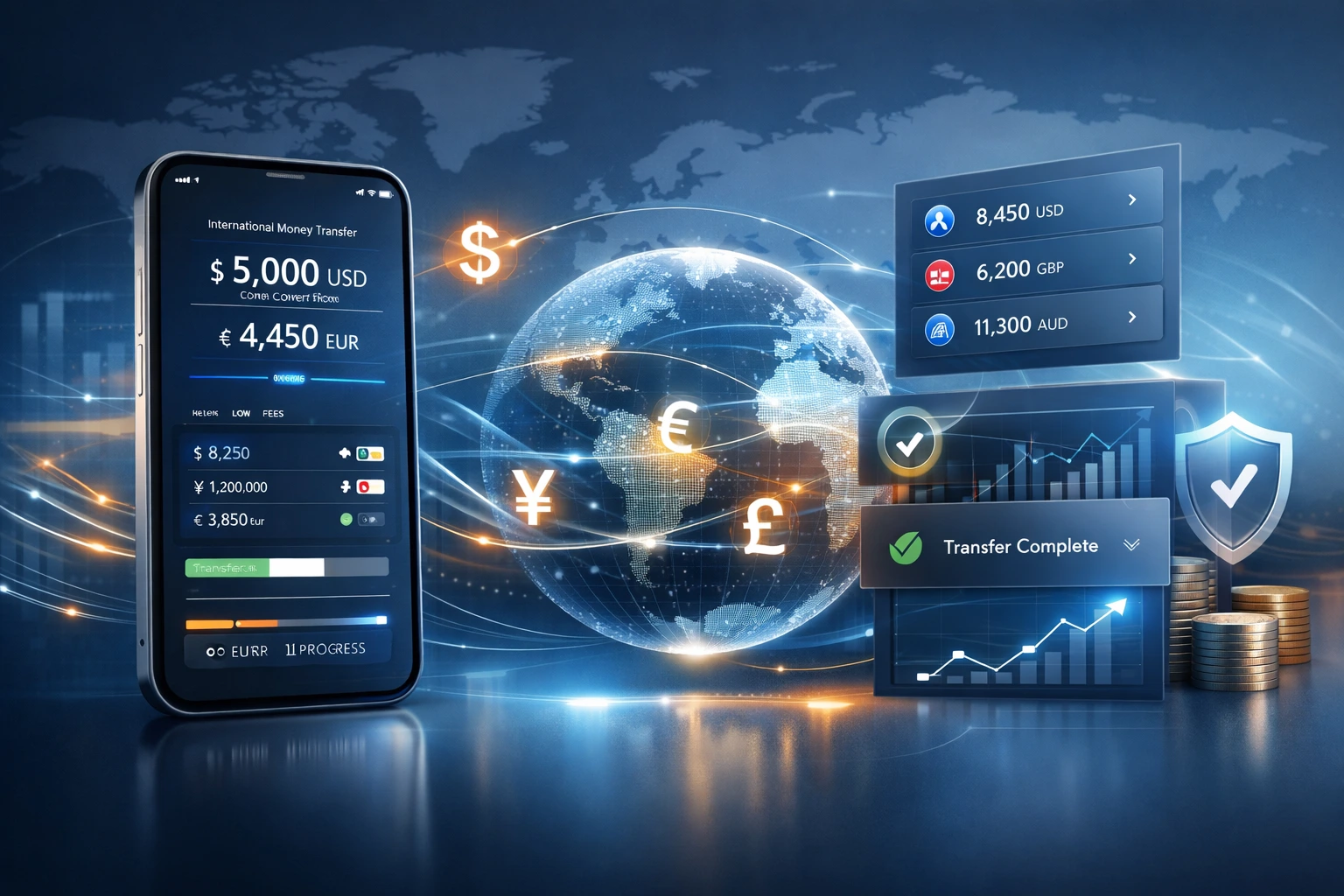 Global fintech mobile app showing international money transfer, currency conversion, and secure cross-border payment dashboard