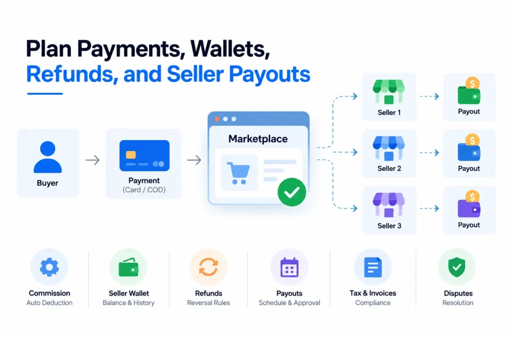 From Concept to Launch: What Should Founders Plan Before Starting a Multi-Vendor Ecommerce Marketplace? 2 Marketplace payment flow with buyer payments, seller wallets, refunds, and payouts