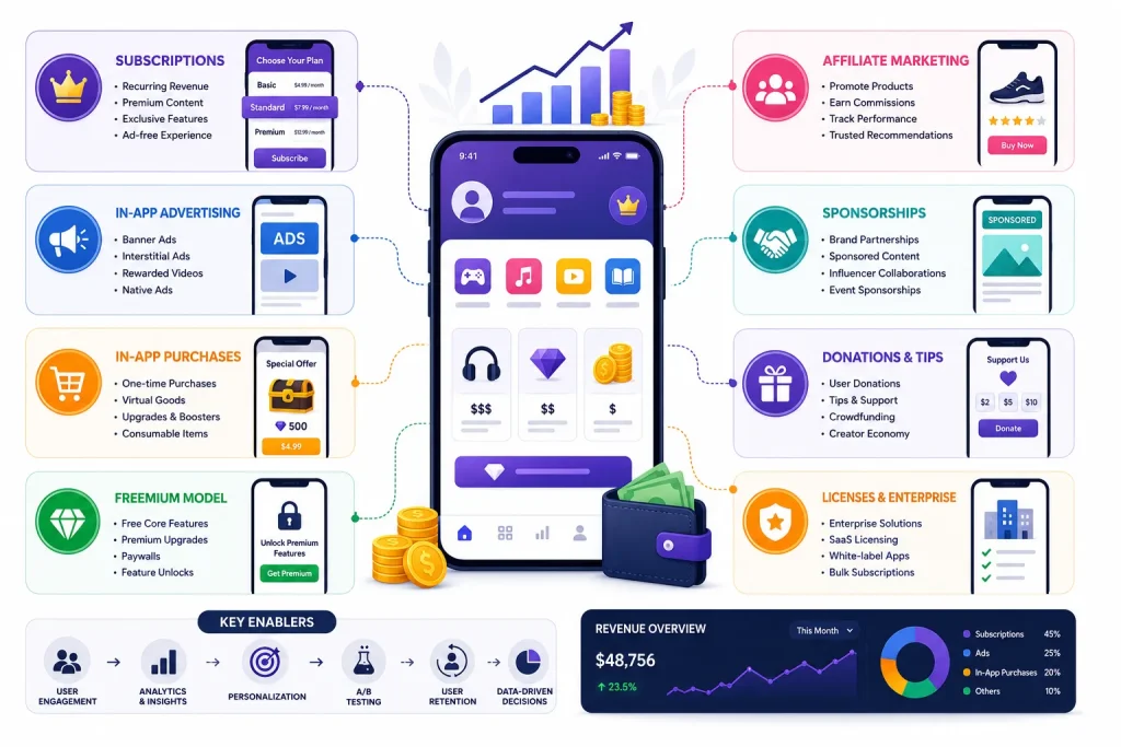 Mobile app revenue model infographic showing subscriptions, in-app advertising, purchases, affiliate marketing, sponsorships, donations, and SaaS licensing monetization strategies