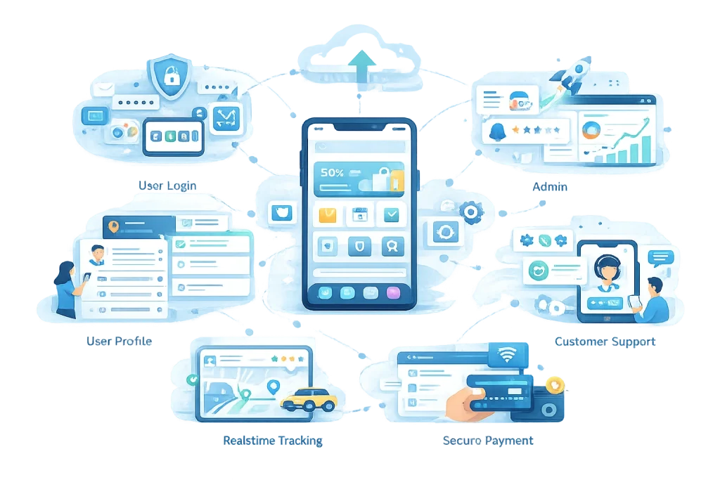 How Mobile Apps Help Businesses Grow Faster in the Digital Era 1 Mobile app ecosystem illustration showing user login, user profiles, admin dashboard, customer support, real-time tracking, and secure payment integration