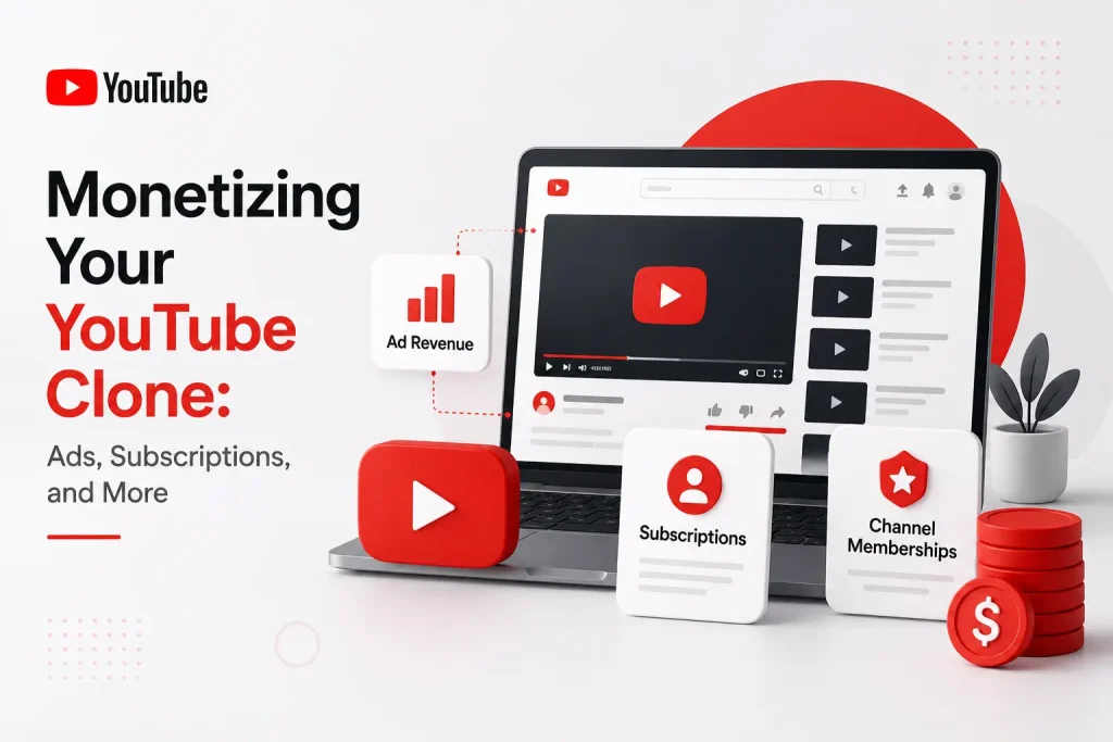 Illustration showing monetization strategies for a YouTube clone platform including ad revenue, subscriptions, and channel memberships.