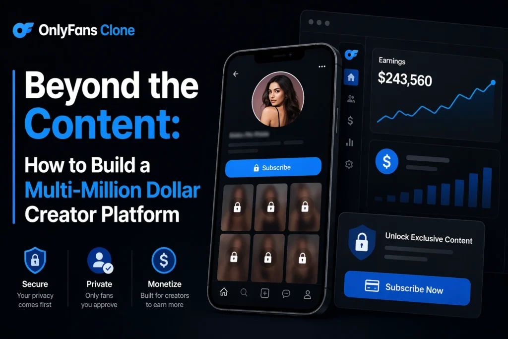 OnlyFans clone app with dark UI, locked premium content, subscription system, earnings dashboard, and secure creator monetization features