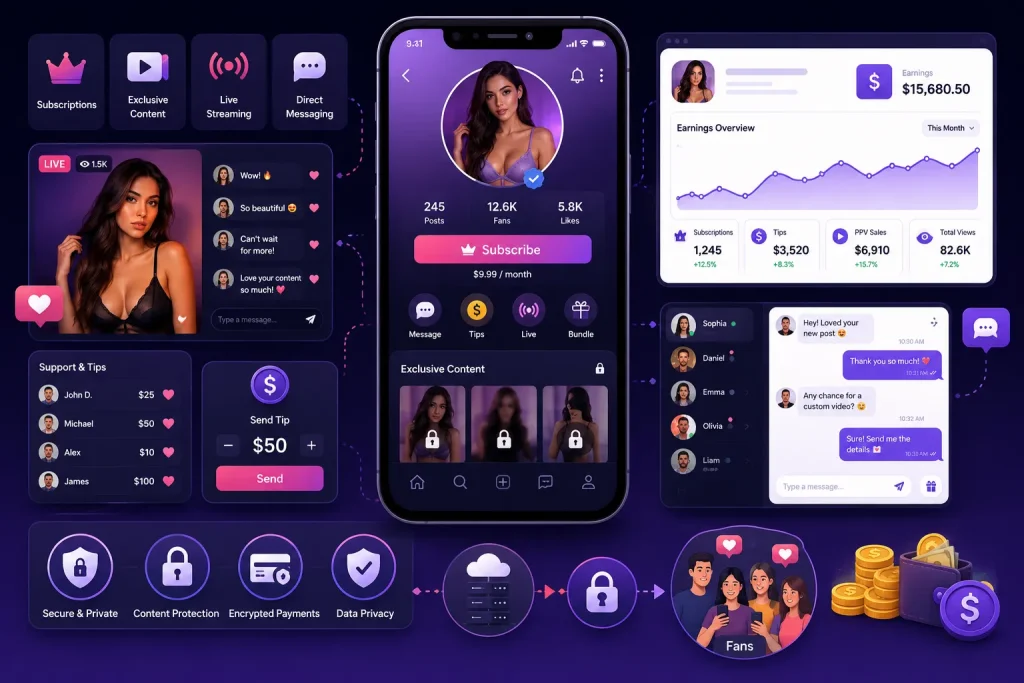 OnlyFans-style creator platform dashboard showing subscriptions, live streaming, fan messaging, tips, earnings analytics, and premium content monetization features