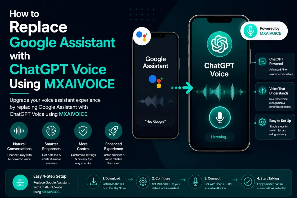 Infographic showing how to replace Google Assistant with ChatGPT Voice using MXAIVOICE for AI-powered voice conversations and smart assistant features