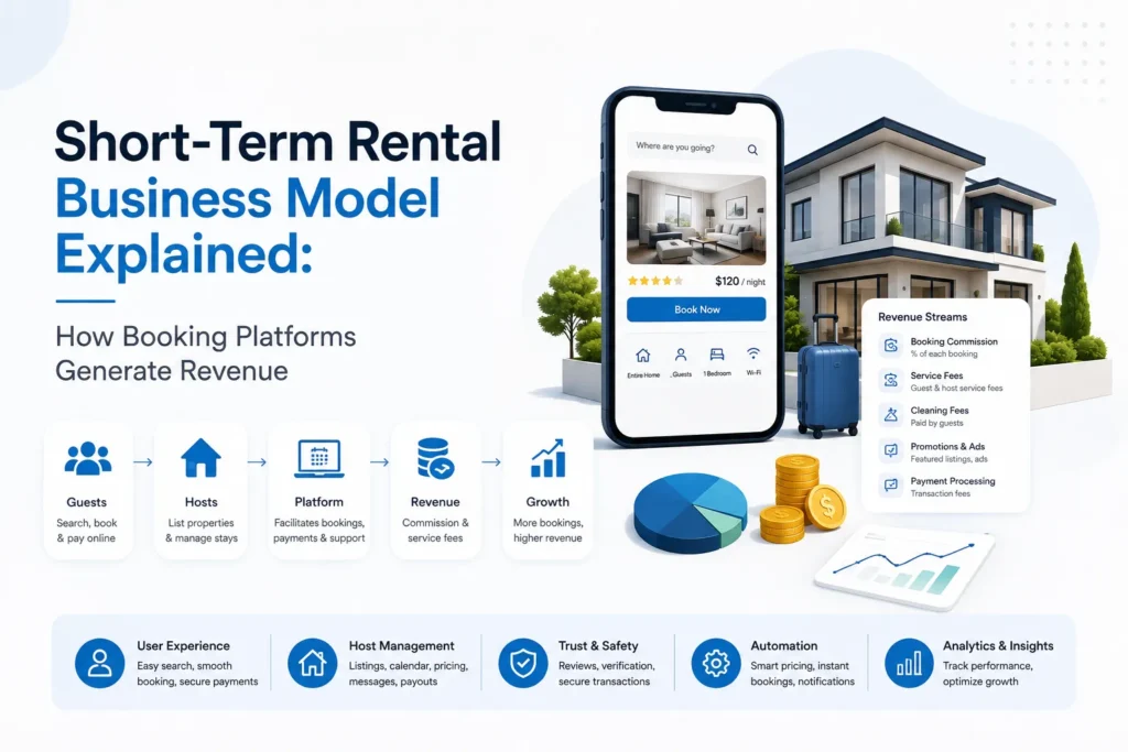 Short-term rental business model showing guests, hosts, bookings, commissions, service fees, payments, and revenue growth.
