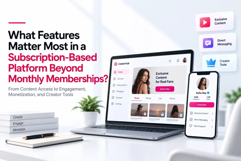 Subscription-based creator platform showing exclusive content, direct messaging, creator tools, memberships, engagement, and monetization features.
