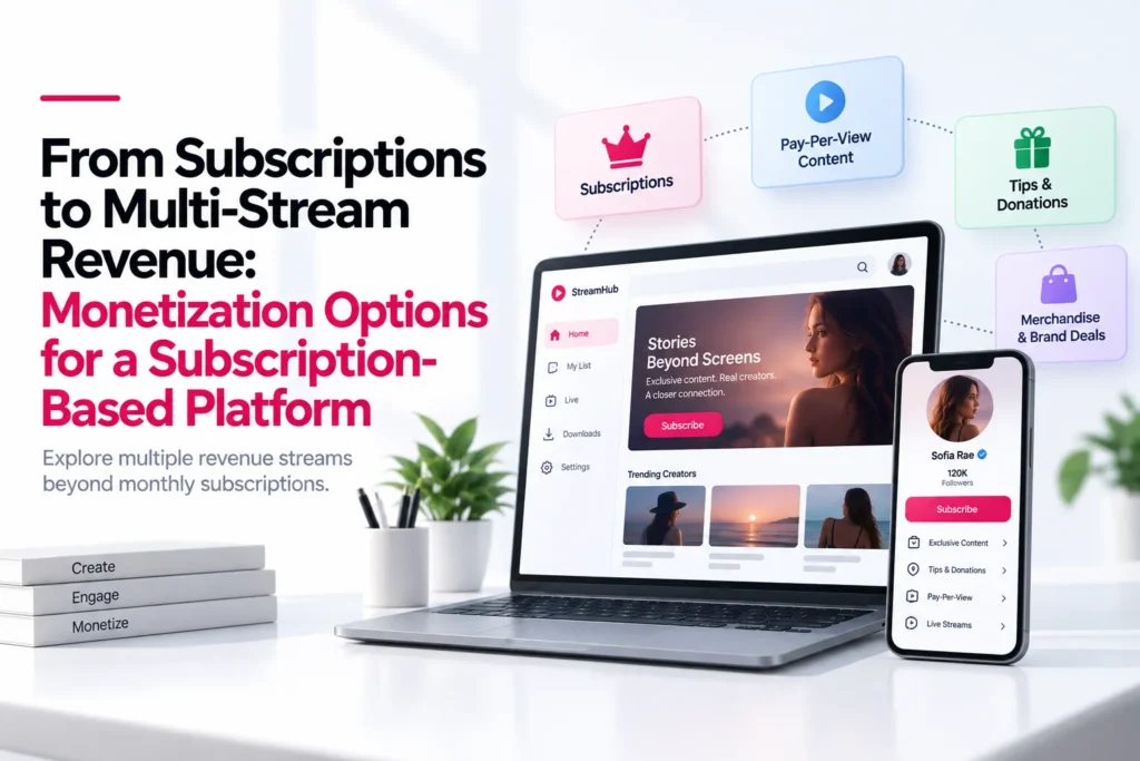 Subscription-based creator platform showing multi-stream revenue options including subscriptions, pay-per-view content, tips, donations, merchandise, and brand deals.