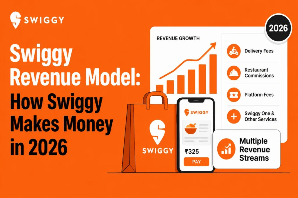 Swiggy revenue model 2026 showing delivery fees, restaurant commissions, platform fees, and multiple revenue streams