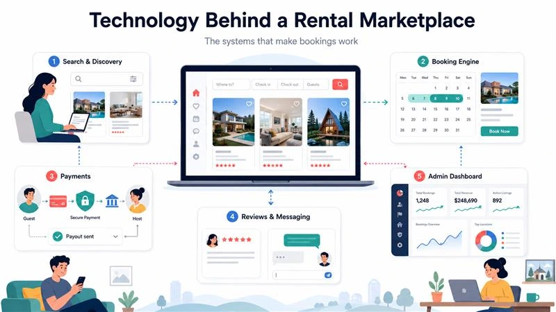 How Airbnb Makes Money: The Complete Business Model Behind the Short-Term Rental Giant 2 Technology behind a rental marketplace app showing search and discovery, booking engine, payments, reviews, messaging, and admin dashboard workflows