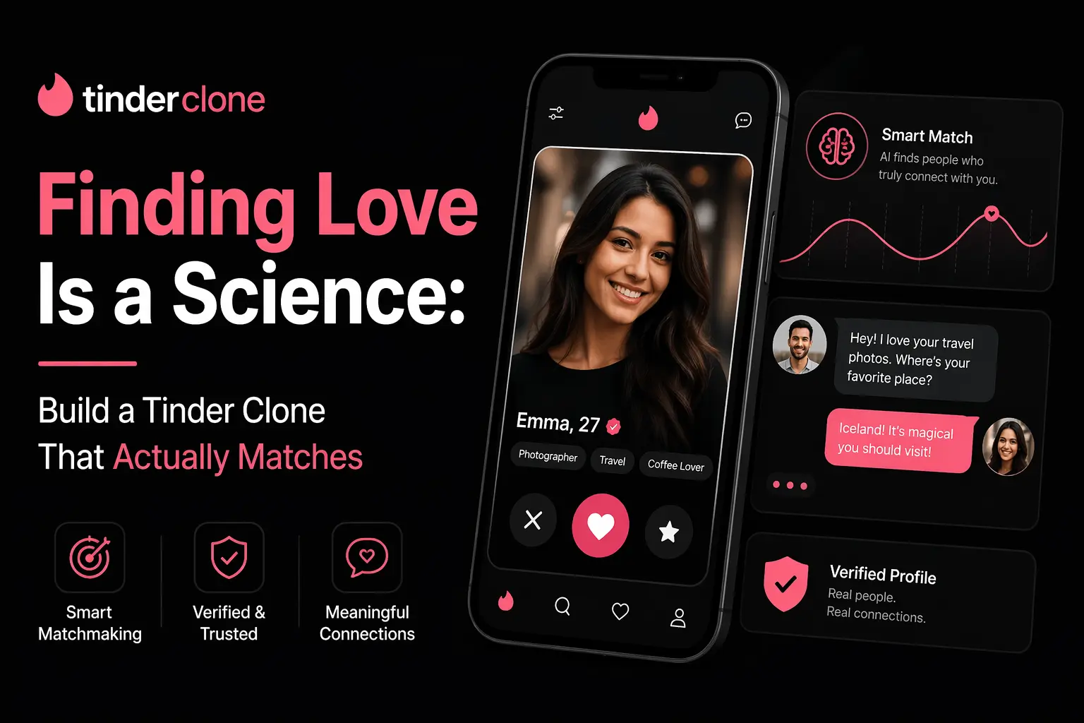 Tinder Clone app interface showing AI-powered matchmaking, smart profile suggestions, secure chat, and modern dating app engagement features