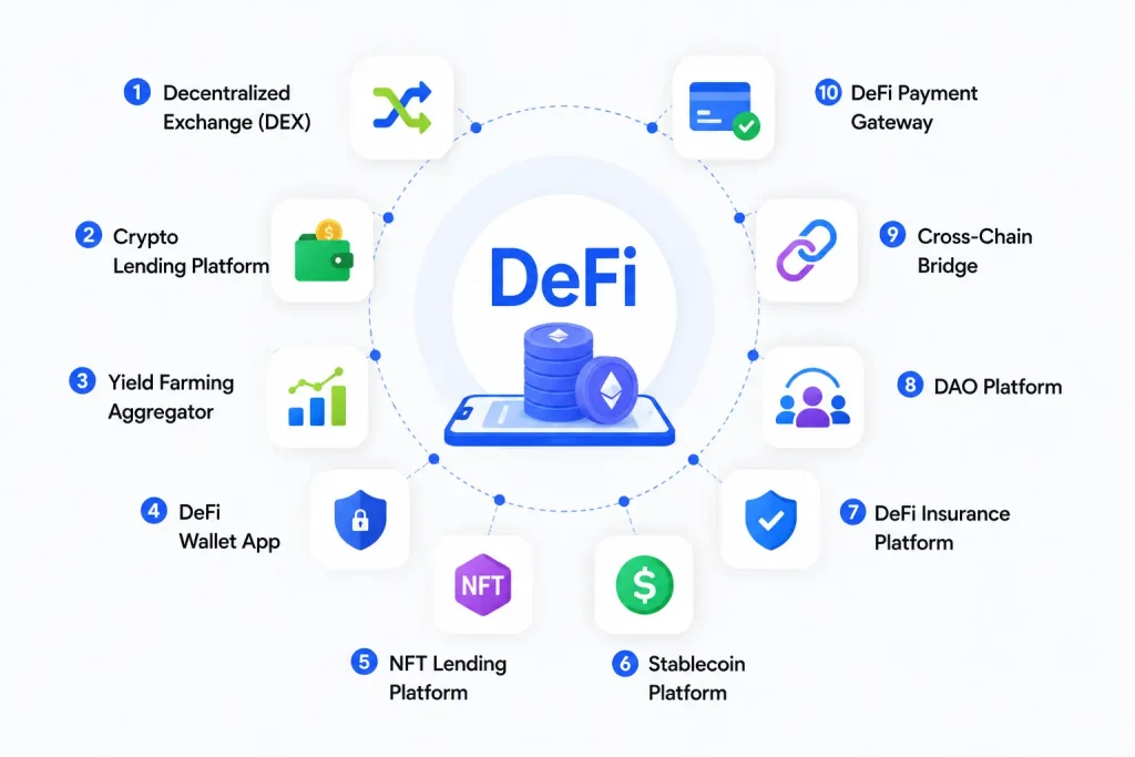 Infographic showing top DeFi business ideas including DEX, crypto lending, DAO platforms, DeFi wallets, and payment gateways.