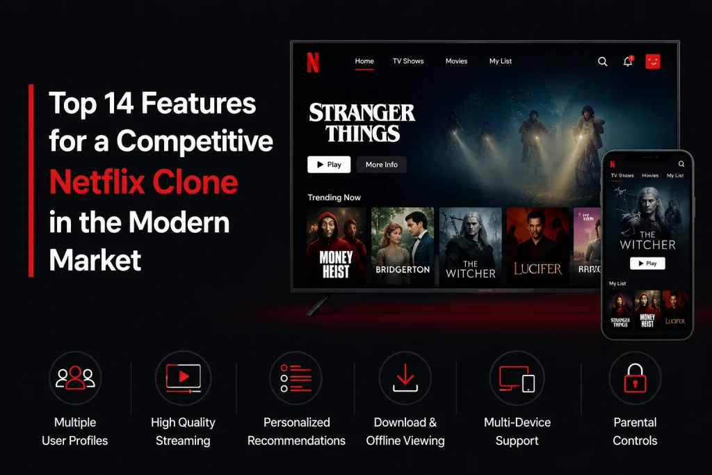 Infographic showcasing top features of a Netflix clone app including personalized recommendations, offline viewing, multi-device streaming, parental controls, and HD video streaming.