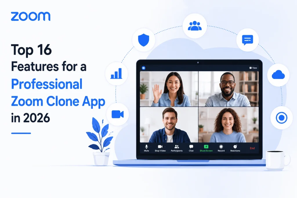 Infographic showing top features of a professional Zoom clone app including video conferencing, chat, screen sharing, cloud support, and security features.