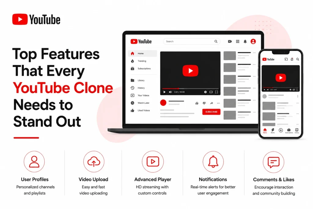 Infographic showing top features of a YouTube clone app including video upload, advanced video player, notifications, comments, likes, and user profiles.