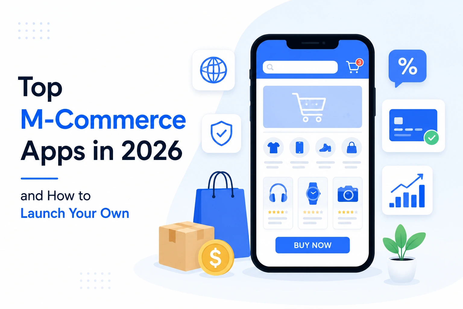 Infographic showing top mobile commerce apps in 2026 with smartphone shopping interface, secure payments, online purchasing, and business growth features.