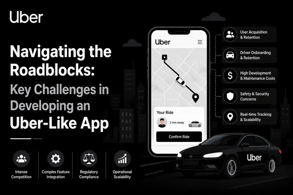 Uber-like app development challenges infographic showing ride-booking interface, scalability, security, driver onboarding, and operational complexities.